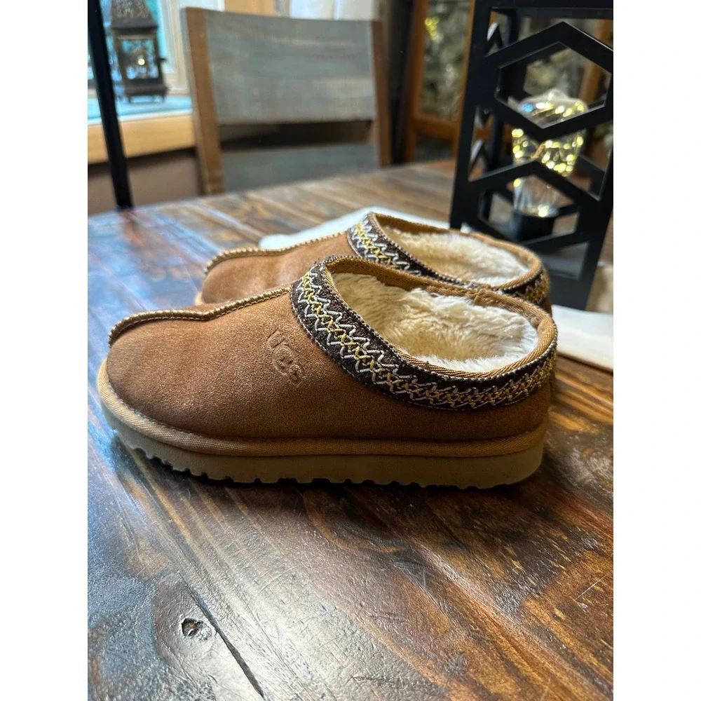 UGG Tasman Chestnut Suede Braid Trim Slip On Mules Shoe Clogs Kids Size Junior 2